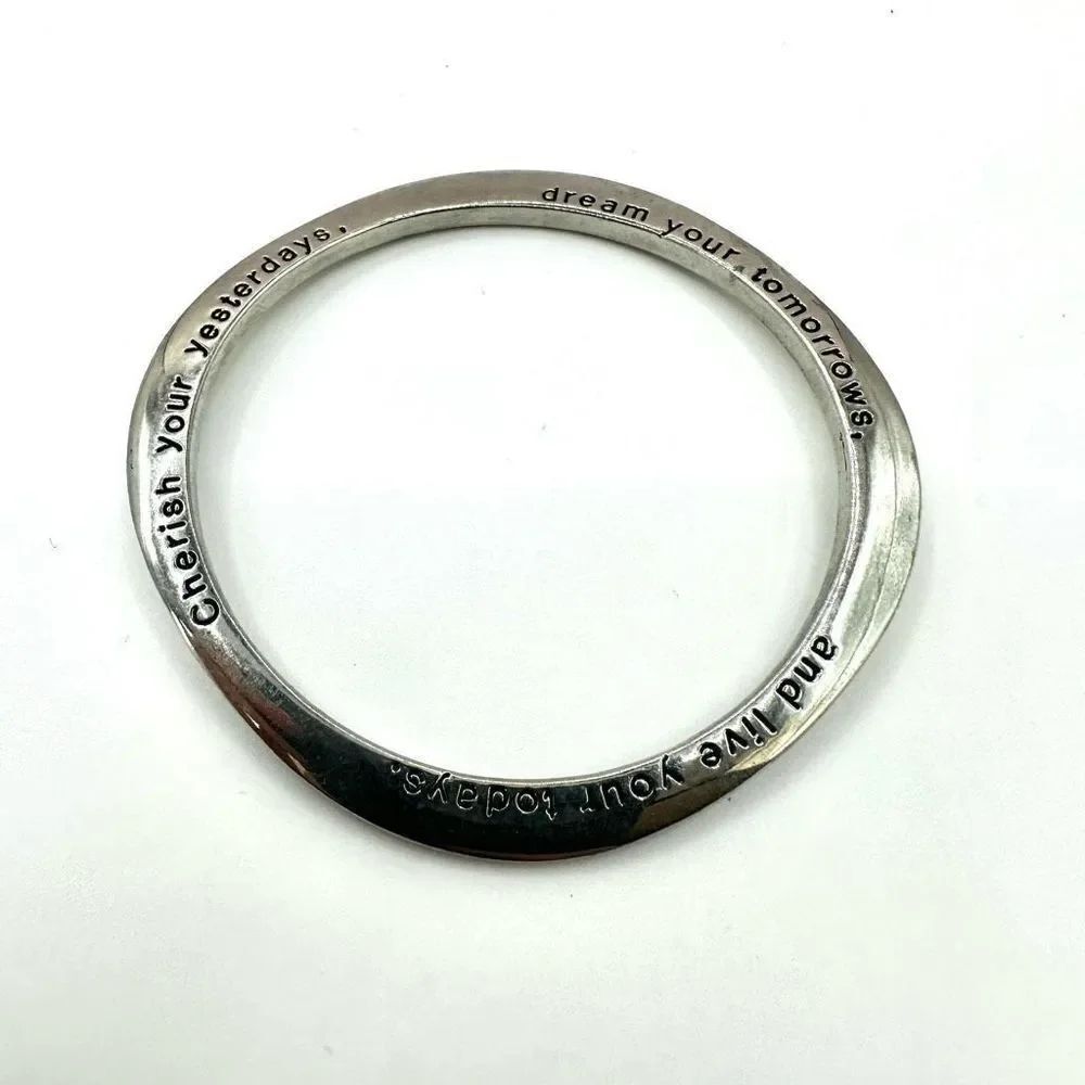 Silver tone asymmetrical inspirational bangle bracelet